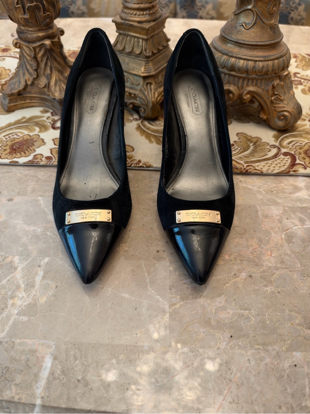 COACH Black Pointed Toe Patent & Suede Pumps with Gold Plaque